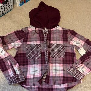 SO Juniors Plaid Hooded Shirt - Burgundy and Pink